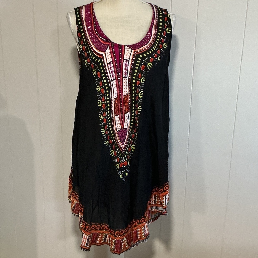 Embroidered Black Sleeveless Tunic with Pink & Red Yoke